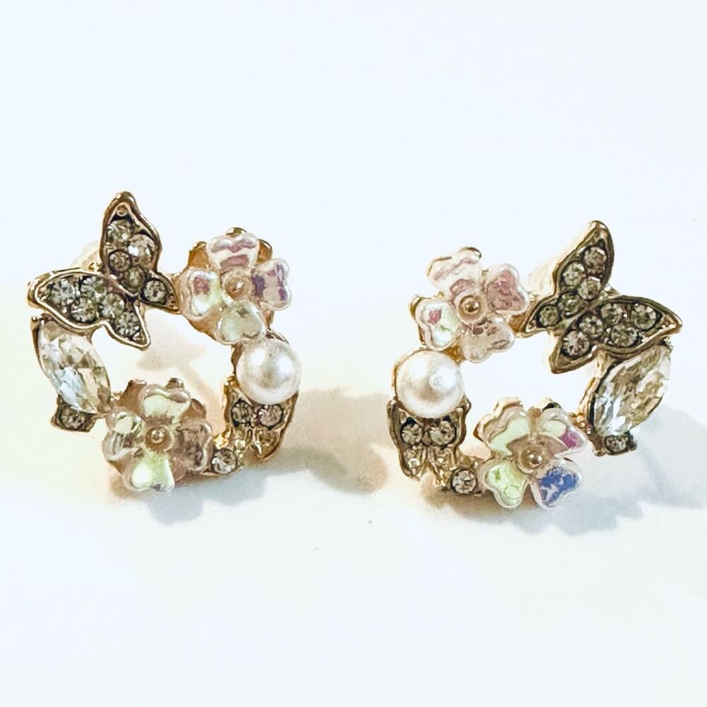 Gold Pearl Cluster Drop Wreath Butterfly Earrings mini